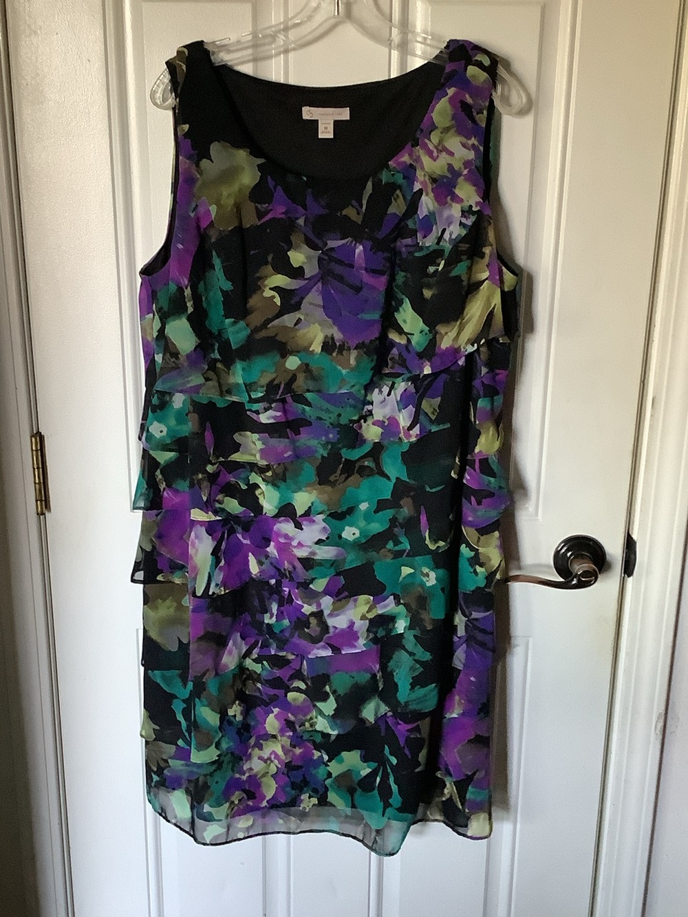 Dress Barn established 1962 Black Midi Dress with Purple & Teal Floral Print